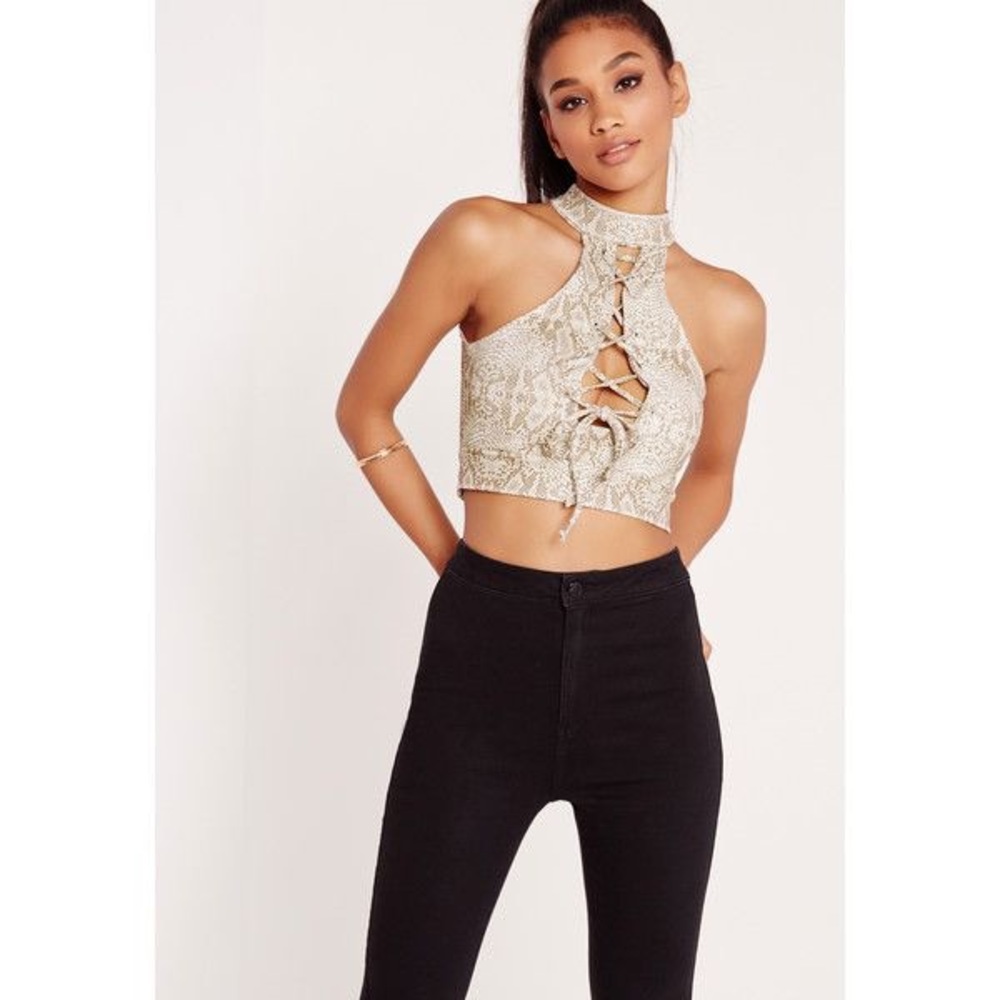 Missguided Snake Print Front Lace Up Crop